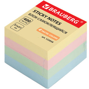 Блок самоклеящ. (стикер) BRAUBERG 51*51 мм 400л., 4 цвета, 122858